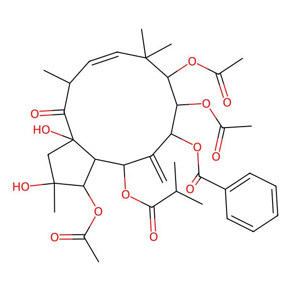 2D Structure of [(1R,2R,3aR,5S,6E,9S,10S,11R,13R,13aS)-1,9,10-triacetyloxy-2,3a-dihydroxy-2,5,8,8-tetramethyl-12-methylidene-13-(2-methylpropanoyloxy)-4-oxo-1,3,5,9,10,11,13,13a-octahydrocyclopenta[12]annulen-11-yl] benzoate