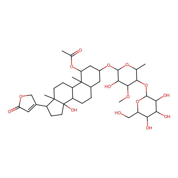 2D Structure of [14-hydroxy-3-[3-hydroxy-4-methoxy-6-methyl-5-[3,4,5-trihydroxy-6-(hydroxymethyl)oxan-2-yl]oxyoxan-2-yl]oxy-10,13-dimethyl-17-(5-oxo-2H-furan-3-yl)-1,2,3,4,5,6,7,8,9,11,12,15,16,17-tetradecahydrocyclopenta[a]phenanthren-1-yl] acetate