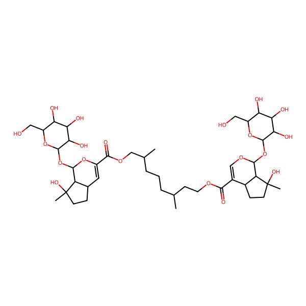 2D Structure of [8-[7-hydroxy-7-methyl-1-[3,4,5-trihydroxy-6-(hydroxymethyl)oxan-2-yl]oxy-4a,5,6,7a-tetrahydro-1H-cyclopenta[c]pyran-4-carbonyl]oxy-2,6-dimethyloctyl] 7-hydroxy-7-methyl-1-[3,4,5-trihydroxy-6-(hydroxymethyl)oxan-2-yl]oxy-4a,5,6,7a-tetrahydro-1H-cyclopenta[c]pyran-3-carboxylate