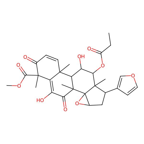 2D Structure of methyl (1R,2R,4R,6S,7R,8R,9R,10R,11R,15R)-6-(furan-3-yl)-9,17-dihydroxy-1,7,11,15-tetramethyl-14,18-dioxo-8-propanoyloxy-3-oxapentacyclo[8.8.0.02,4.02,7.011,16]octadeca-12,16-diene-15-carboxylate
