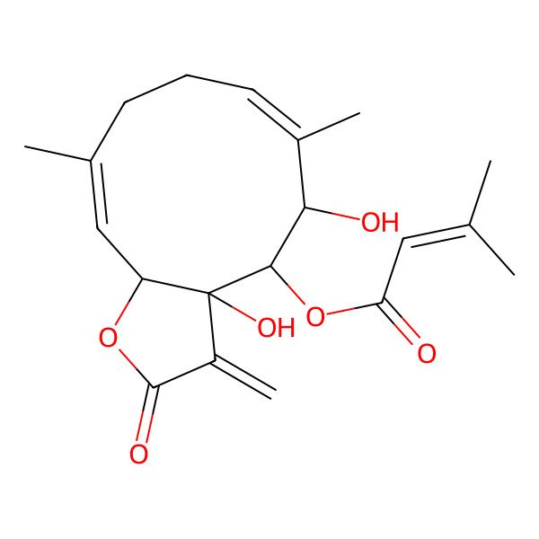 2D Structure of (3a,5-dihydroxy-6,10-dimethyl-3-methylidene-2-oxo-5,8,9,11a-tetrahydro-4H-cyclodeca[b]furan-4-yl) 3-methylbut-2-enoate