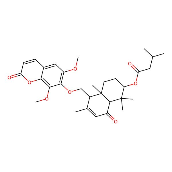 2D Structure of [5-[(6,8-dimethoxy-2-oxochromen-7-yl)oxymethyl]-1,1,4a,6-tetramethyl-8-oxo-3,4,5,8a-tetrahydro-2H-naphthalen-2-yl] 3-methylbutanoate