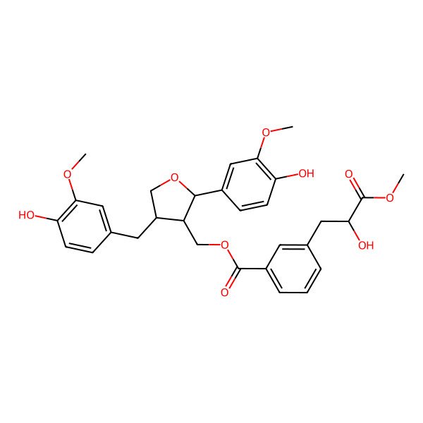 2D Structure of [2-(4-Hydroxy-3-methoxyphenyl)-4-[(4-hydroxy-3-methoxyphenyl)methyl]oxolan-3-yl]methyl 3-(2-hydroxy-3-methoxy-3-oxopropyl)benzoate