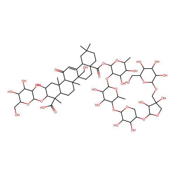 2D Structure of (2S,3R,4S,4aR,6aR,6bR,8aS,12aS,14aR,14bS)-8a-[(2S,3R,4S,5R,6R)-3-[(2S,3R,4S,5R,6S)-5-[(2S,3R,4R,5R)-5-[(2S,3R,4S)-3,4-dihydroxy-4-[[(2R,3R,4S,5R,6R)-3,4,5-trihydroxy-6-(hydroxymethyl)oxan-2-yl]oxymethyl]oxolan-2-yl]oxy-3,4-dihydroxyoxan-2-yl]oxy-3,4-dihydroxy-6-methyloxan-2-yl]oxy-4,5-dihydroxy-6-methyloxan-2-yl]oxycarbonyl-2-hydroxy-6b-(hydroxymethyl)-4,6a,11,11,14b-pentamethyl-14-oxo-3-[(2R,3R,4S,5S,6R)-3,4,5-trihydroxy-6-(hydroxymethyl)oxan-2-yl]oxy-2,3,4a,5,6,7,8,9,10,12,12a,14a-dodecahydro-1H-picene-4-carboxylic acid