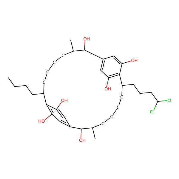 2D Structure of 8-Butyl-19-(4,4-dichlorobutyl)-3,14-dimethyltricyclo[18.2.2.29,12]hexacosa-1(22),9,11,20,23,25-hexaene-2,10,13,21,24,26-hexol