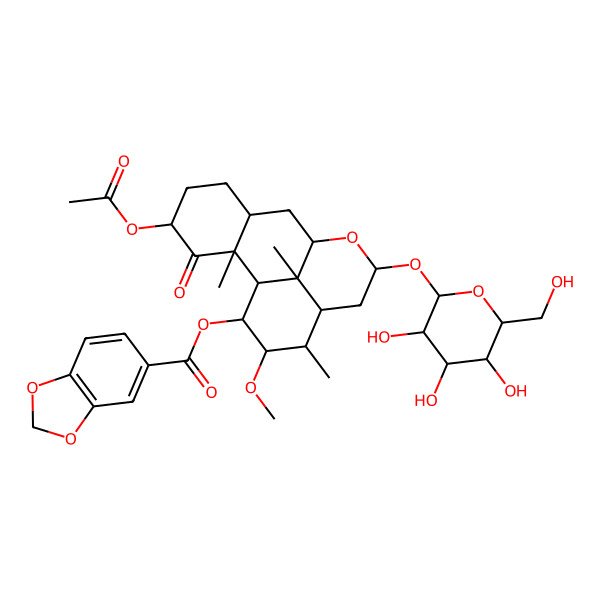 2D Structure of [(1S,2S,4S,7R,9R,11S,13S,14R,15S,16S,17S)-4-acetyloxy-15-methoxy-2,14,17-trimethyl-3-oxo-11-[(2S,3R,4S,5S,6R)-3,4,5-trihydroxy-6-(hydroxymethyl)oxan-2-yl]oxy-10-oxatetracyclo[7.7.1.02,7.013,17]heptadecan-16-yl] 1,3-benzodioxole-5-carboxylate