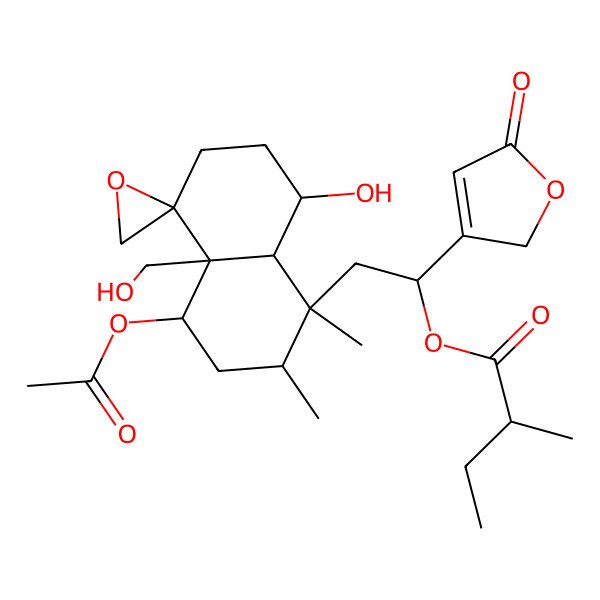 2D Structure of [(1S)-2-[(1S,2R,4S,4aR,5R,8R,8aR)-4-acetyloxy-8-hydroxy-4a-(hydroxymethyl)-1,2-dimethylspiro[3,4,6,7,8,8a-hexahydro-2H-naphthalene-5,2'-oxirane]-1-yl]-1-(5-oxo-2H-furan-3-yl)ethyl] (2S)-2-methylbutanoate