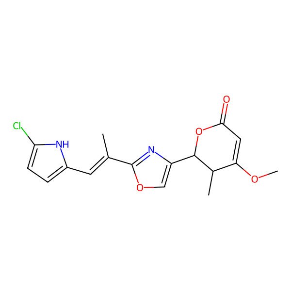 2D Structure of 2-[2-[1-(5-chloro-1H-pyrrol-2-yl)prop-1-en-2-yl]-1,3-oxazol-4-yl]-4-methoxy-3-methyl-2,3-dihydropyran-6-one