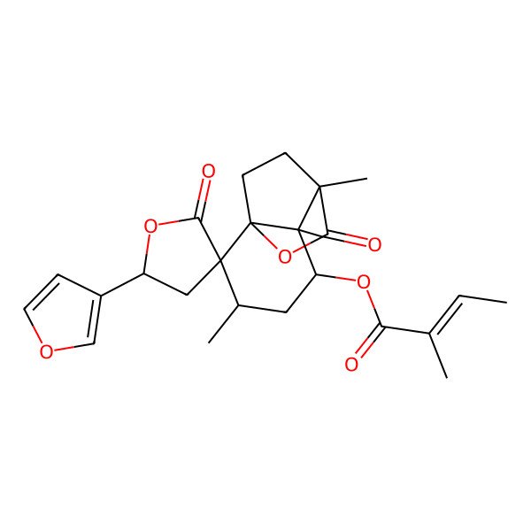2D Structure of [(1S,2R,3R,5R,5'R,6S,7R)-5'-(furan-3-yl)-3,6,7-trimethyl-2',8-dioxospiro[9-oxatricyclo[5.2.2.01,6]undecane-2,3'-oxolane]-5-yl] 2-methylbut-2-enoate
