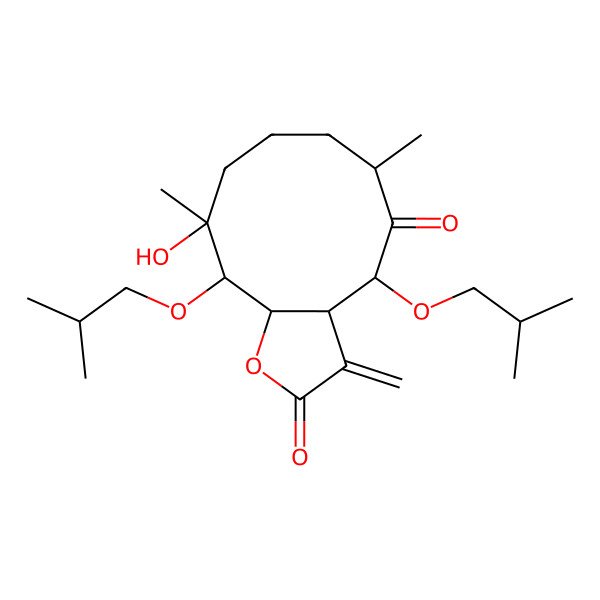 2D Structure of 10-Hydroxy-6,10-dimethyl-3-methylidene-4,11-bis(2-methylpropoxy)-3a,4,6,7,8,9,11,11a-octahydrocyclodeca[b]furan-2,5-dione