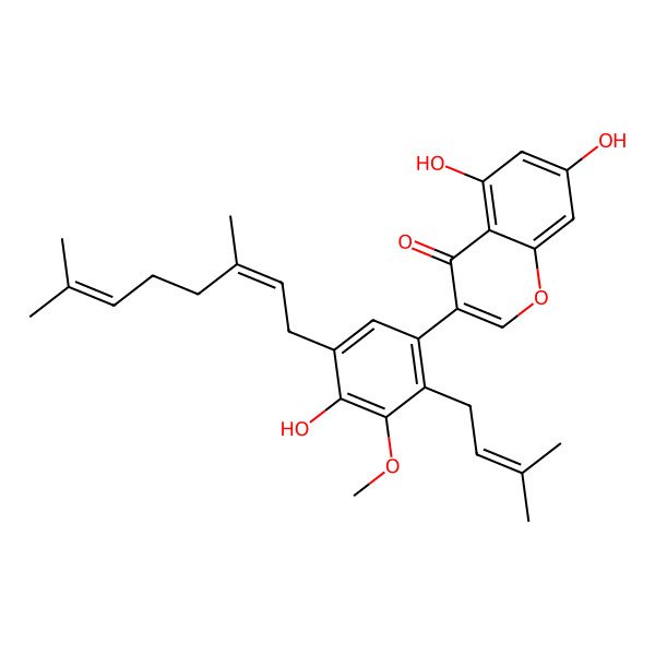 2D Structure of 3-[5-[(2E)-3,7-dimethylocta-2,6-dienyl]-4-hydroxy-3-methoxy-2-(3-methylbut-2-enyl)phenyl]-5,7-dihydroxychromen-4-one