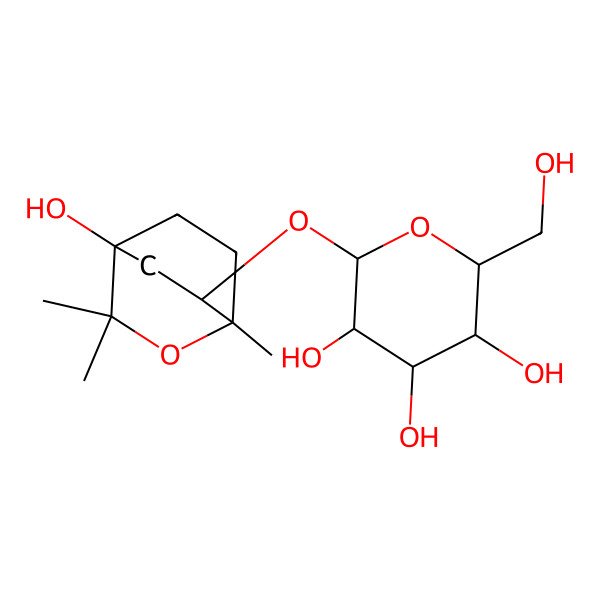 2D Structure of (2R,3S,4S,5R,6S)-2-(hydroxymethyl)-6-[[(1S,4S,6S)-4-hydroxy-1,3,3-trimethyl-2-oxabicyclo[2.2.2]octan-6-yl]oxy]oxane-3,4,5-triol