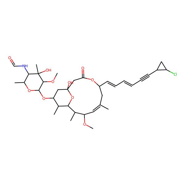 2D Structure of N-[(2R,3S,4S,5S,6R)-6-[[(1S,5R,7E,9R,10R,11S,12S,13S)-5-[(1E,3E)-6-[(1R,2S)-2-chlorocyclopropyl]hexa-1,3-dien-5-ynyl]-1-hydroxy-9-methoxy-7,10,12-trimethyl-3-oxo-4,15-dioxabicyclo[9.3.1]pentadec-7-en-13-yl]oxy]-4-hydroxy-5-methoxy-2,4-dimethyloxan-3-yl]formamide
