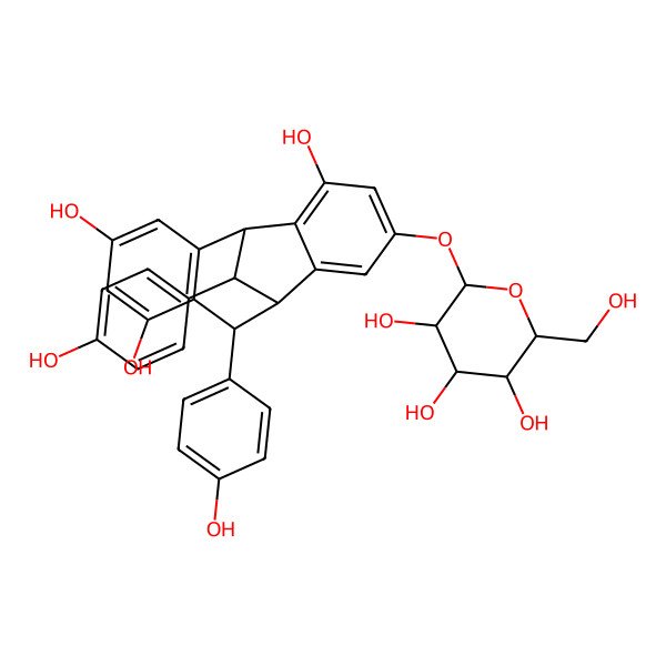 2D Structure of (2R,3S,4S,5R,6S)-2-(hydroxymethyl)-6-[[(1R,8R,9S,16R)-4,6,14-trihydroxy-8,16-bis(4-hydroxyphenyl)-12-tetracyclo[7.6.1.02,7.010,15]hexadeca-2(7),3,5,10(15),11,13-hexaenyl]oxy]oxane-3,4,5-triol