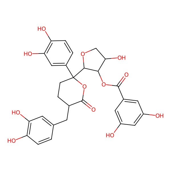 2D Structure of [2-[2-(3,4-Dihydroxyphenyl)-5-[(3,4-dihydroxyphenyl)methyl]-6-oxooxan-2-yl]-4-hydroxyoxolan-3-yl] 3,5-dihydroxybenzoate