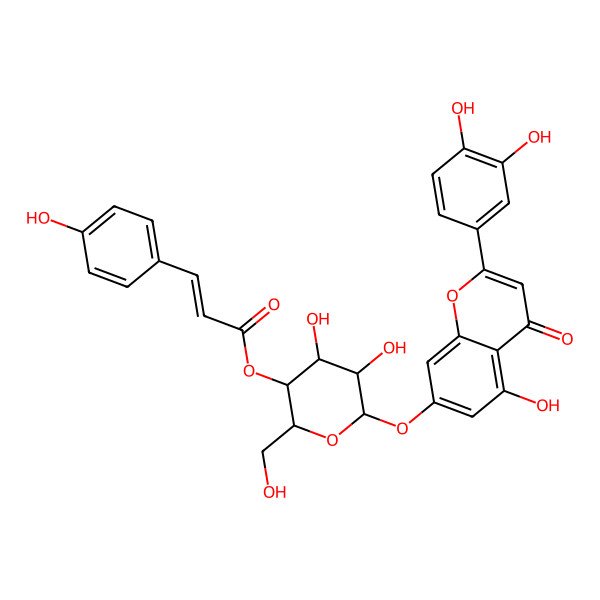 2D Structure of [6-[2-(3,4-Dihydroxyphenyl)-5-hydroxy-4-oxochromen-7-yl]oxy-4,5-dihydroxy-2-(hydroxymethyl)oxan-3-yl] 3-(4-hydroxyphenyl)prop-2-enoate