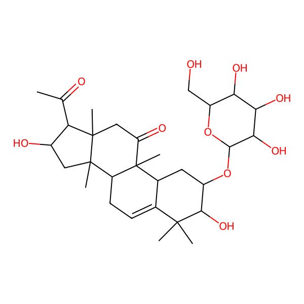2D Structure of (2S,3S,8S,9R,10R,13R,14S,16R,17R)-17-acetyl-3,16-dihydroxy-4,4,9,13,14-pentamethyl-2-[(2R,3R,4S,5S,6R)-3,4,5-trihydroxy-6-(hydroxymethyl)oxan-2-yl]oxy-1,2,3,7,8,10,12,15,16,17-decahydrocyclopenta[a]phenanthren-11-one