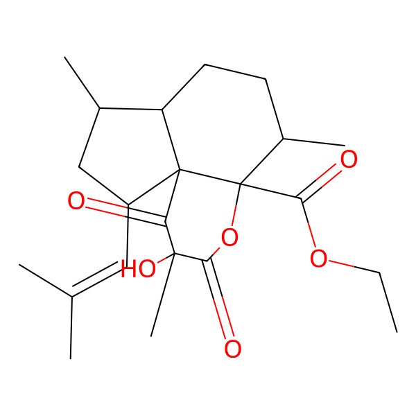 2D Structure of ethyl (2S,4aS,5S,7aR,8S,10S,10aS)-2-hydroxy-2,5,8-trimethyl-10-(2-methylprop-1-enyl)-1,3-dioxo-6,7,7a,8,9,10-hexahydro-5H-cyclopenta[e]chromene-4a-carboxylate