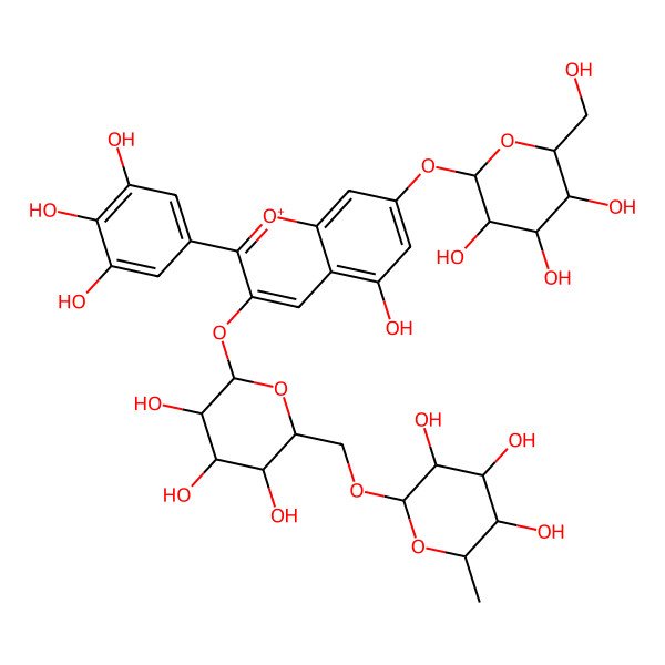 2D Structure of (2S,3R,4S,5R,6R)-2-methyl-6-[[(2R,3S,4S,5R,6S)-3,4,5-trihydroxy-6-[5-hydroxy-7-[(2S,3S,4S,5S,6R)-3,4,5-trihydroxy-6-(hydroxymethyl)oxan-2-yl]oxy-2-(3,4,5-trihydroxyphenyl)chromenylium-3-yl]oxyoxan-2-yl]methoxy]oxane-3,4,5-triol