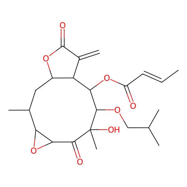 2D Structure of [8-Hydroxy-3,8-dimethyl-12-methylidene-9-(2-methylpropoxy)-7,13-dioxo-5,14-dioxatricyclo[9.3.0.04,6]tetradecan-10-yl] but-2-enoate