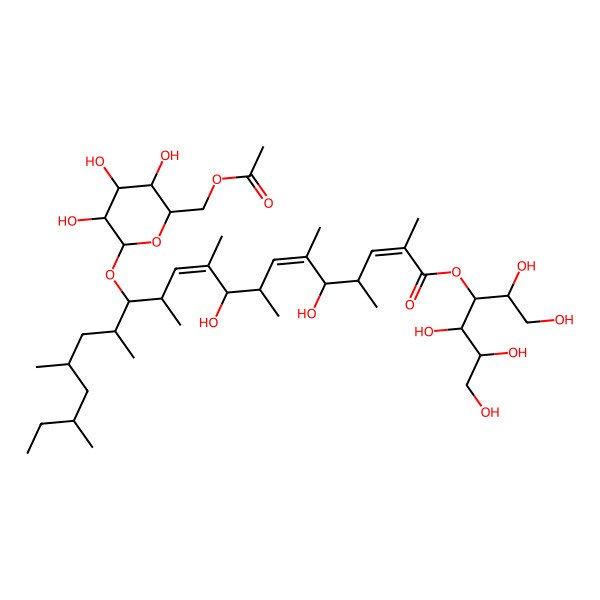 2D Structure of [(2R,3R,4R,5R)-1,2,4,5,6-pentahydroxyhexan-3-yl] (2E,4S,5R,6E,8S,9R,10E,12S,13S,14S,16S,18S)-13-[(2R,3S,4S,5S,6R)-6-(acetyloxymethyl)-3,4,5-trihydroxyoxan-2-yl]oxy-5,9-dihydroxy-2,4,6,8,10,12,14,16,18-nonamethylicosa-2,6,10-trienoate