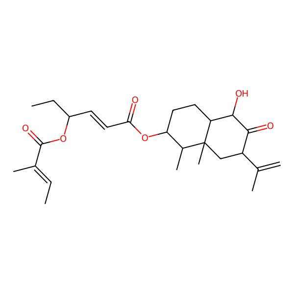 2D Structure of (5-Hydroxy-1,8a-dimethyl-6-oxo-7-prop-1-en-2-yl-1,2,3,4,4a,5,7,8-octahydronaphthalen-2-yl) 4-(2-methylbut-2-enoyloxy)hex-2-enoate 2D Structure of (5-Hydroxy-1,8a-dimethyl-6-oxo-7-prop-1-en-2-yl-1,2,3,4,4a,5,7,8-octahydronaphthalen-2-yl) 4-(2-methylbut-2-enoyloxy)hex-2-enoate