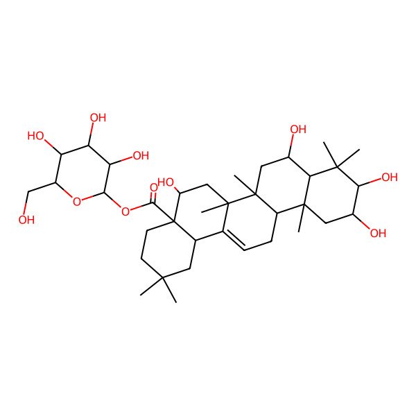 2D Structure of [3,4,5-Trihydroxy-6-(hydroxymethyl)oxan-2-yl] 5,8,10,11-tetrahydroxy-2,2,6a,6b,9,9,12a-heptamethyl-1,3,4,5,6,6a,7,8,8a,10,11,12,13,14b-tetradecahydropicene-4a-carboxylate