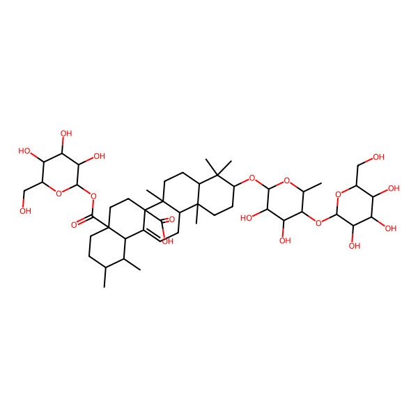 2D Structure of (1S,2R,4aS,6aR,6aR,6bR,8aR,10S,12aR,14bS)-10-[(2S,3S,4S,5S,6S)-3,4-dihydroxy-6-methyl-5-[(2S,3R,4S,5S,6R)-3,4,5-trihydroxy-6-(hydroxymethyl)oxan-2-yl]oxyoxan-2-yl]oxy-1,2,6b,9,9,12a-hexamethyl-4a-[(2S,3R,4S,5S,6R)-3,4,5-trihydroxy-6-(hydroxymethyl)oxan-2-yl]oxycarbonyl-2,3,4,5,6,6a,7,8,8a,10,11,12,13,14b-tetradecahydro-1H-picene-6a-carboxylic acid