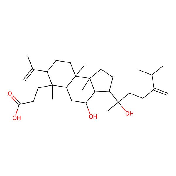 2D Structure of 3-[(3S,3aR,4R,5aR,6S,7S,9aR,9bR)-4-hydroxy-3-[(2S)-2-hydroxy-6-methyl-5-methylideneheptan-2-yl]-6,9a,9b-trimethyl-7-prop-1-en-2-yl-1,2,3,3a,4,5,5a,7,8,9-decahydrocyclopenta[a]naphthalen-6-yl]propanoic acid