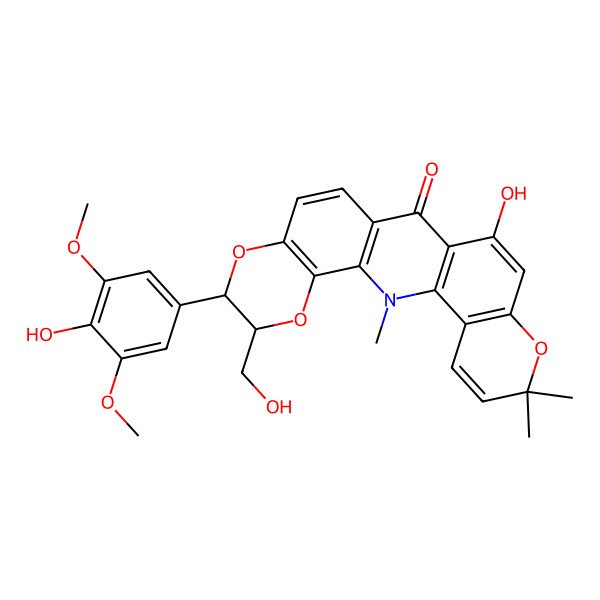 2D Structure of 15-Hydroxy-7-(4-hydroxy-3,5-dimethoxyphenyl)-6-(hydroxymethyl)-2,19,19-trimethyl-5,8,18-trioxa-2-azapentacyclo[12.8.0.03,12.04,9.017,22]docosa-1(14),3(12),4(9),10,15,17(22),20-heptaen-13-one