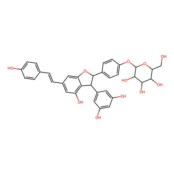 2D Structure of (2S,3R,4S,5S,6R)-2-[4-[(2S,3S)-3-(3,5-dihydroxyphenyl)-4-hydroxy-6-[(E)-2-(4-hydroxyphenyl)ethenyl]-2,3-dihydro-1-benzofuran-2-yl]phenoxy]-6-(hydroxymethyl)oxane-3,4,5-triol