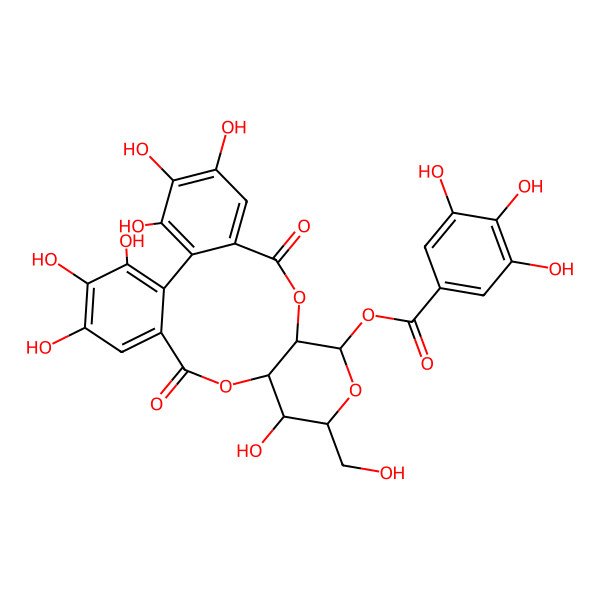 2D Structure of [(10R,11S,13S,14S,15R)-3,4,5,14,20,21,22-heptahydroxy-13-(hydroxymethyl)-8,17-dioxo-9,12,16-trioxatetracyclo[16.4.0.02,7.010,15]docosa-1(22),2,4,6,18,20-hexaen-11-yl] 3,4,5-trihydroxybenzoate