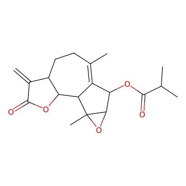 2D Structure of (9,14-Dimethyl-5-methylidene-4-oxo-3,13-dioxatetracyclo[8.4.0.02,6.012,14]tetradec-9-en-11-yl) 2-methylpropanoate