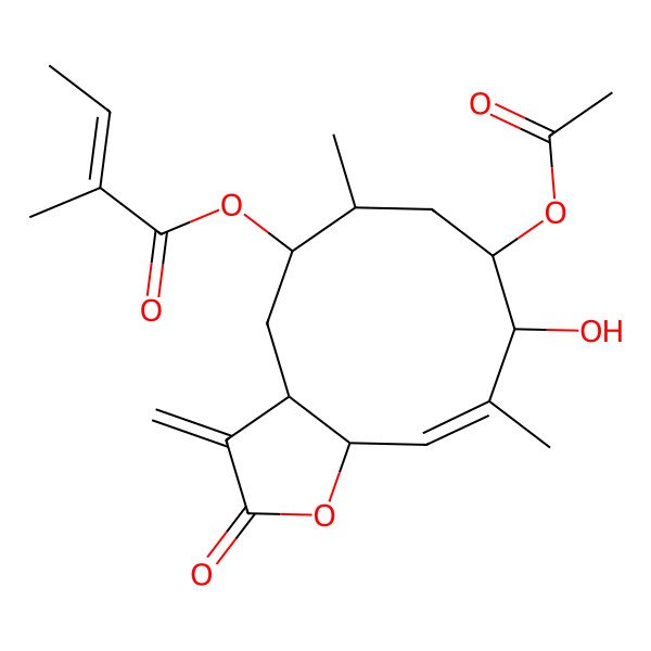 2D Structure of [(3aS,5S,6S,8R,9S,10E,11aR)-8-acetyloxy-9-hydroxy-6,10-dimethyl-3-methylidene-2-oxo-3a,4,5,6,7,8,9,11a-octahydrocyclodeca[b]furan-5-yl] (Z)-2-methylbut-2-enoate