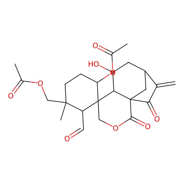 2D Structure of [(1R,1'R,2'R,4'S,5S,6R,7R,9R)-4'-acetyloxy-2'-formyl-7-hydroxy-1'-methyl-10-methylidene-2,11-dioxospiro[3-oxatricyclo[7.2.1.01,6]dodecane-5,3'-cyclohexane]-1'-yl]methyl acetate