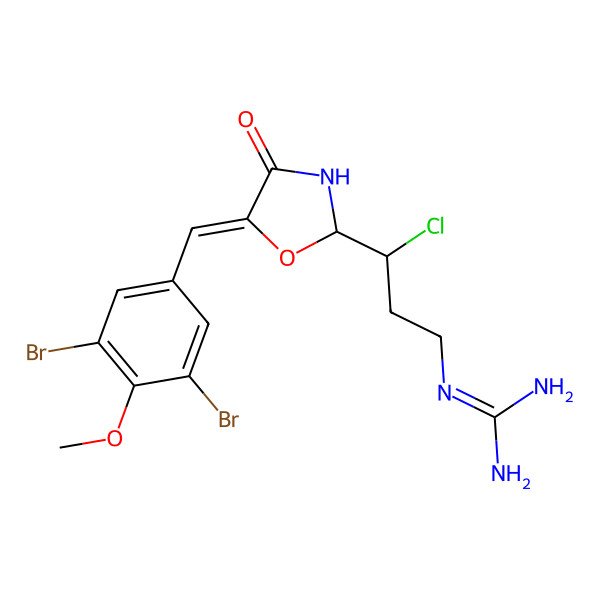 2D Structure of 2-[3-Chloro-3-[5-[(3,5-dibromo-4-methoxyphenyl)methylidene]-4-oxo-1,3-oxazolidin-2-yl]propyl]guanidine