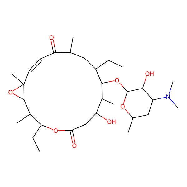 2D Structure of 9-[4-(Dimethylamino)-3-hydroxy-6-methyloxan-2-yl]oxy-3,10-diethyl-7-hydroxy-2,8,12,16-tetramethyl-4,17-dioxabicyclo[14.1.0]heptadec-14-ene-5,13-dione