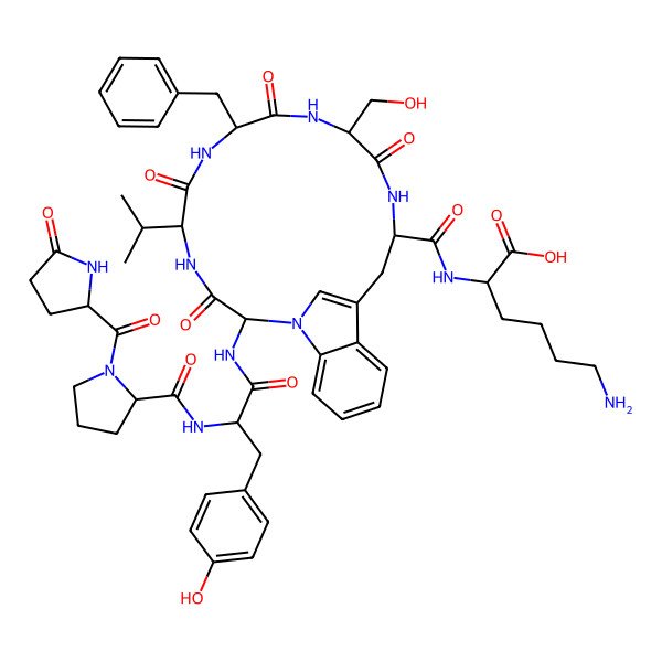 2D Structure of 6-Amino-2-[[8-benzyl-11-(hydroxymethyl)-2-[[3-(4-hydroxyphenyl)-2-[[1-(5-oxopyrrolidine-2-carbonyl)pyrrolidine-2-carbonyl]amino]propanoyl]amino]-3,6,9,12-tetraoxo-5-propan-2-yl-1,4,7,10,13-pentazatricyclo[14.6.1.017,22]tricosa-16(23),17,19,21-tetraene-14-carbonyl]amino]hexanoic acid