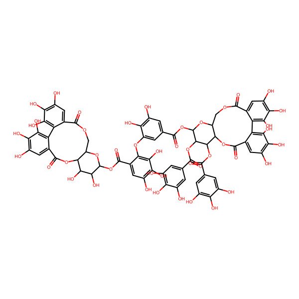 2D Structure of (3,4,5,11,12,21,22,23-Octahydroxy-8,18-dioxo-9,14,17-trioxatetracyclo[17.4.0.02,7.010,15]tricosa-1(23),2,4,6,19,21-hexaen-13-yl) 2-[5-[[3,4,5,21,22,23-hexahydroxy-8,18-dioxo-11,12-bis[(3,4,5-trihydroxybenzoyl)oxy]-9,14,17-trioxatetracyclo[17.4.0.02,7.010,15]tricosa-1(23),2,4,6,19,21-hexaen-13-yl]oxycarbonyl]-2,3-dihydroxyphenoxy]-3,4,5-trihydroxybenzoate