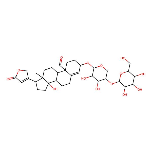 2D Structure of (3S,8R,9S,10S,13R,14S,17R)-3-[(2S,3R,4R,5S)-3,4-dihydroxy-5-[(2S,3R,4S,5S,6R)-3,4,5-trihydroxy-6-(hydroxymethyl)oxan-2-yl]oxyoxan-2-yl]oxy-14-hydroxy-13-methyl-17-(5-oxo-2H-furan-3-yl)-1,2,3,6,7,8,9,11,12,15,16,17-dodecahydrocyclopenta[a]phenanthrene-10-carbaldehyde