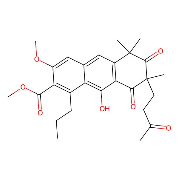 2D Structure of methyl (7R)-9-hydroxy-3-methoxy-5,5,7-trimethyl-6,8-dioxo-7-(3-oxobutyl)-1-propylanthracene-2-carboxylate