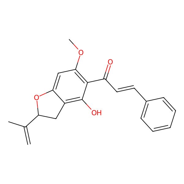 2D Structure of (E)-1-[(2S)-4-hydroxy-6-methoxy-2-prop-1-en-2-yl-2,3-dihydro-1-benzofuran-5-yl]-3-phenylprop-2-en-1-one