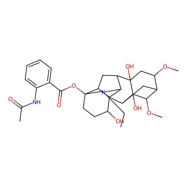 2D Structure of (11-Ethyl-3,8,16-trihydroxy-4,6-dimethoxy-11-azahexacyclo[7.7.2.12,5.01,10.03,8.013,17]nonadecan-13-yl) 2-acetamidobenzoate