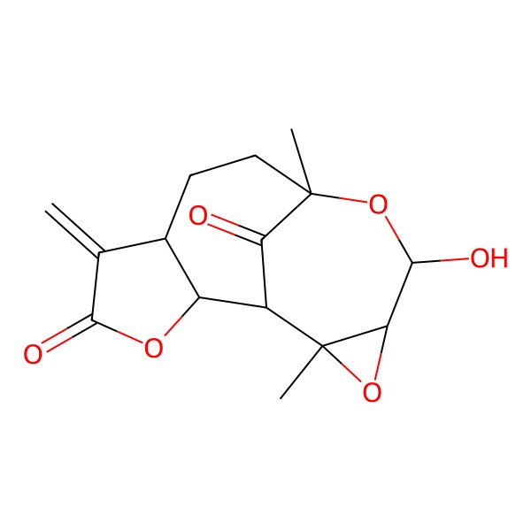 2D Structure of (2S,6S)-11-hydroxy-9,14-dimethyl-5-methylidene-3,10,13-trioxatetracyclo[7.5.1.02,6.012,14]pentadecane-4,15-dione