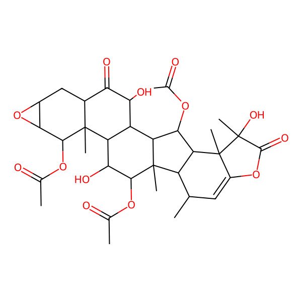 2D Structure of [(1S,2R,3R,5S,7S,9S,10R,11R,12S,13R,14R,15R,16S,17S,22S,23S,24S,25R)-10,14-diacetyloxy-3,13,22-trihydroxy-11,15,17,22,23-pentamethyl-4,21-dioxo-8,20-dioxaheptacyclo[13.10.0.02,12.05,11.07,9.016,24.019,23]pentacos-18-en-25-yl] acetate