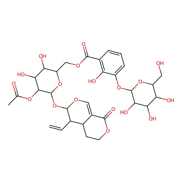 2D Structure of [(2R,3S,4S,5R,6S)-5-acetyloxy-6-[[(3R,4S,4aR)-4-ethenyl-8-oxo-4,4a,5,6-tetrahydro-3H-pyrano[3,4-c]pyran-3-yl]oxy]-3,4-dihydroxyoxan-2-yl]methyl 2-hydroxy-3-[(2S,3R,4S,5S,6R)-3,4,5-trihydroxy-6-(hydroxymethyl)oxan-2-yl]oxybenzoate