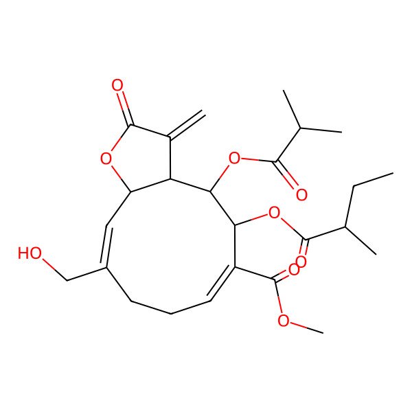 2D Structure of methyl (3aR,4R,5R,6E,10Z,11aR)-10-(hydroxymethyl)-5-[(2S)-2-methylbutanoyl]oxy-3-methylidene-4-(2-methylpropanoyloxy)-2-oxo-3a,4,5,8,9,11a-hexahydrocyclodeca[b]furan-6-carboxylate
