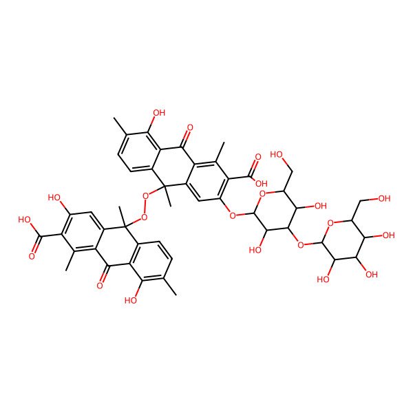 2D Structure of 10-[3-Carboxy-2-[3,5-dihydroxy-6-(hydroxymethyl)-4-[3,4,5-trihydroxy-6-(hydroxymethyl)oxan-2-yl]oxyoxan-2-yl]oxy-5-hydroxy-4,6,9-trimethyl-10-oxoanthracen-9-yl]peroxy-3,8-dihydroxy-1,7,10-trimethyl-9-oxoanthracene-2-carboxylic acid