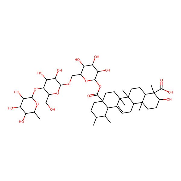 2D Structure of 8a-[6-[[3,4-dihydroxy-6-(hydroxymethyl)-5-(3,4,5-trihydroxy-6-methyloxan-2-yl)oxyoxan-2-yl]oxymethyl]-3,4,5-trihydroxyoxan-2-yl]oxycarbonyl-3-hydroxy-4,6a,6b,11,12,14b-hexamethyl-2,3,4a,5,6,7,8,9,10,11,12,12a,14,14a-tetradecahydro-1H-picene-4-carboxylic acid