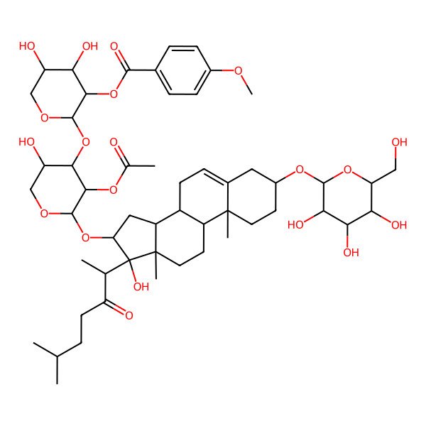 2D Structure of [(2S,3R,4S,5R)-2-[(2S,3R,4S,5S)-3-acetyloxy-5-hydroxy-2-[[(3S,8R,9S,10R,13S,14S,16S,17S)-17-hydroxy-10,13-dimethyl-17-[(2S)-6-methyl-3-oxoheptan-2-yl]-3-[(2R,3R,4S,5S,6R)-3,4,5-trihydroxy-6-(hydroxymethyl)oxan-2-yl]oxy-1,2,3,4,7,8,9,11,12,14,15,16-dodecahydrocyclopenta[a]phenanthren-16-yl]oxy]oxan-4-yl]oxy-4,5-dihydroxyoxan-3-yl] 4-methoxybenzoate